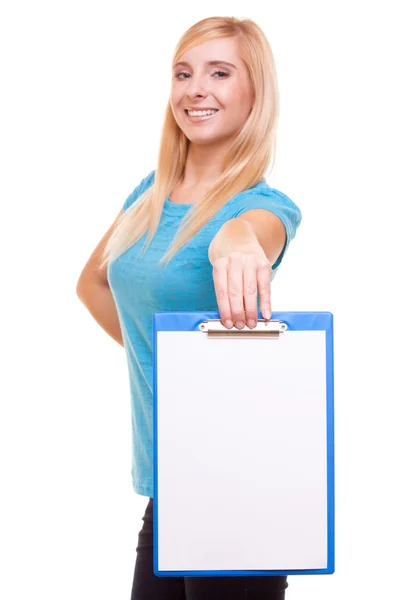 Woman college student girl holds clipboard with blank — Stock Photo, Image