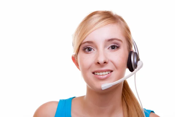 Girl with headphones and microphone headset on white — Stock Photo, Image