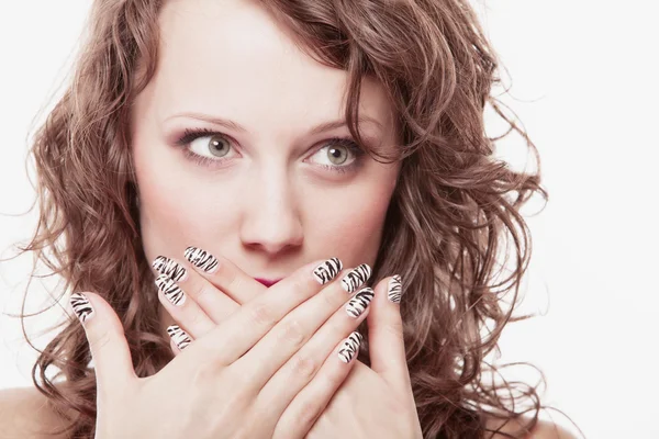 Surprised woman face, girl covering her mouth over white — Stock Photo, Image