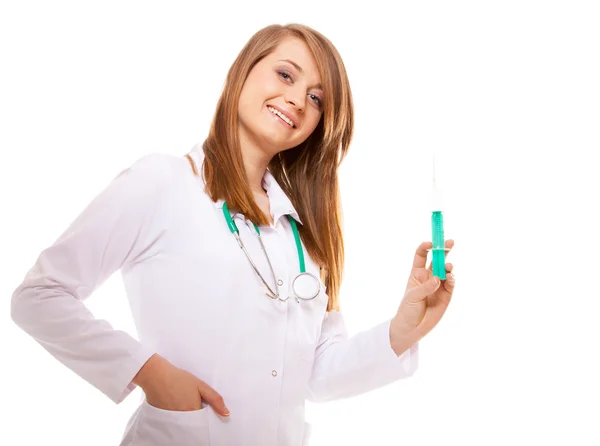 Médico o enfermero sostiene una jeringa, concepto de atención médica — Foto de Stock