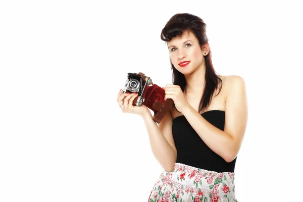 Pretty retro girl with vintage camera — Stock Photo, Image