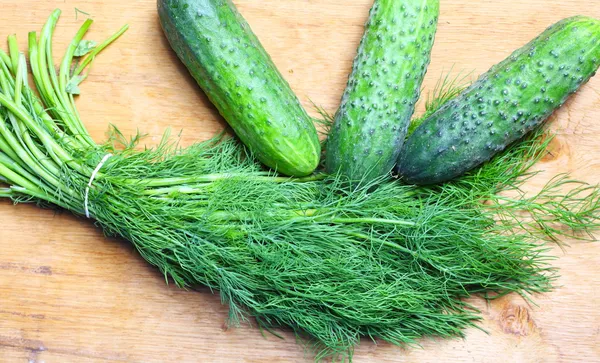 Bunch fresh dill and cucumbers on wooden table — Stock Photo, Image