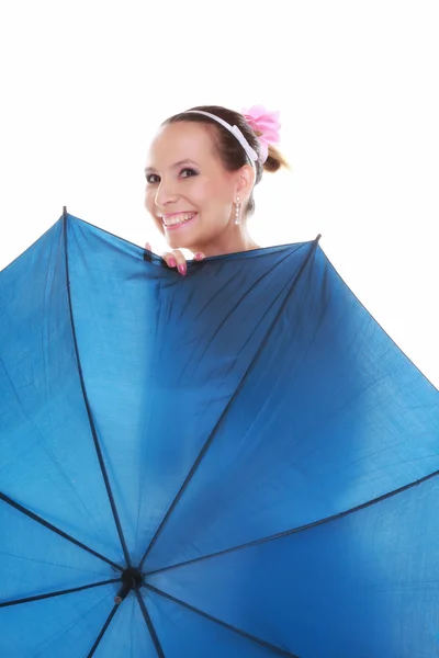 Wedding day. Bride with blue umbrella isolated — Stock Photo, Image