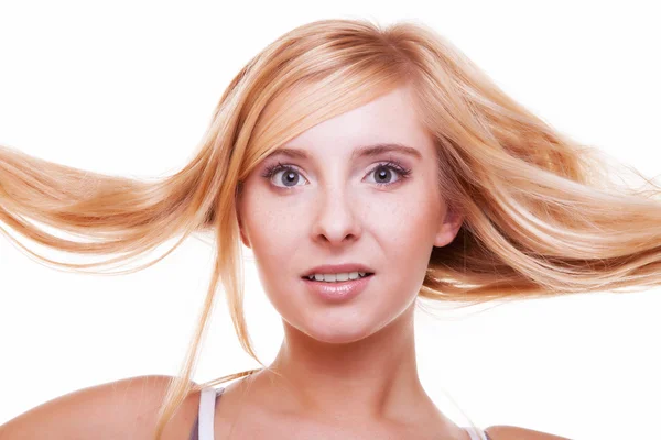 Female face teen girl with long blond straight hair — Stock Photo, Image