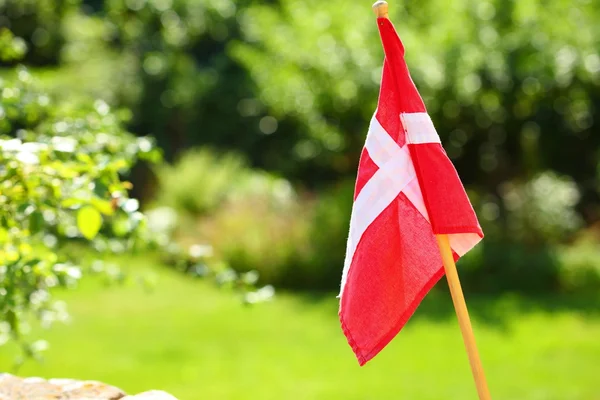 Bandeira dinamarquesa no fundo verde gramado — Fotografia de Stock