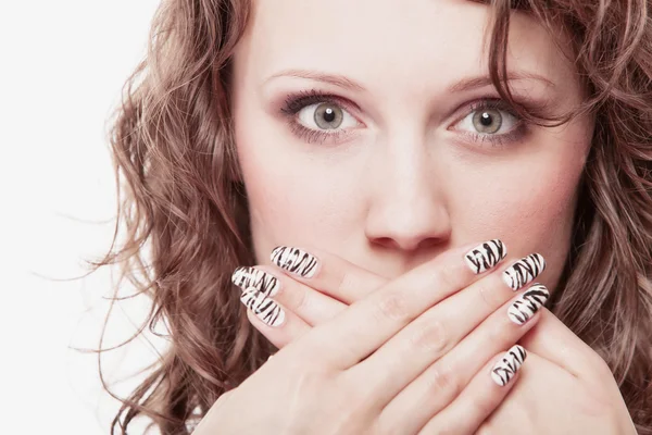 Surprised woman face, girl covering her mouth over white — Stock Photo, Image