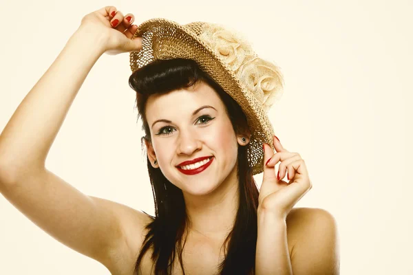 Young brunette girl in hat retro styling — Stock Photo, Image