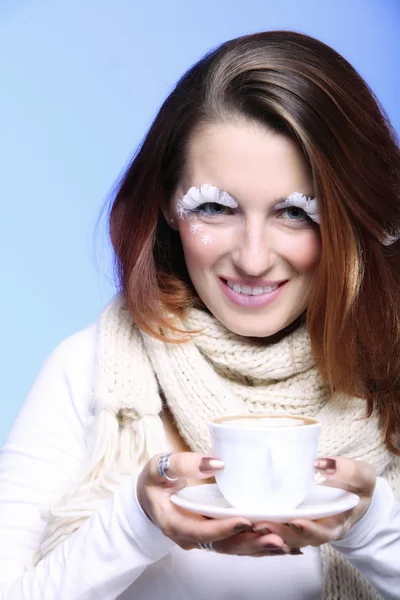 Winter makeup woman with cup of hot latte coffee — Stock Photo, Image