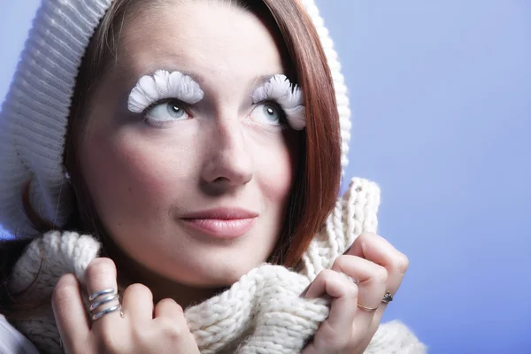 Winter fashion woman warm clothing creative makeup — Stock Photo, Image