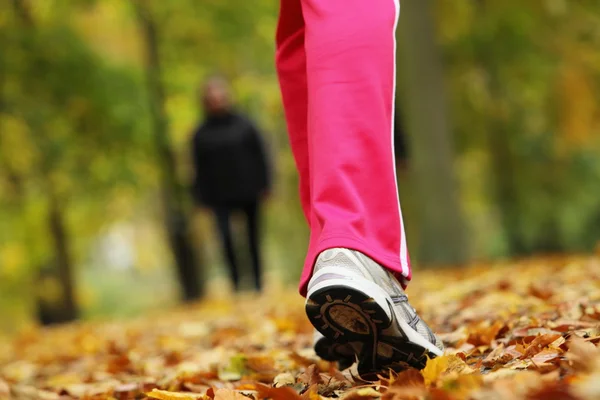 Patas de corredor zapatillas de correr. Mujer corriendo en el parque de otoño — Foto de Stock
