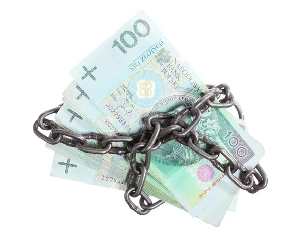 Polish currency with chain for security and investment — Stock Photo, Image