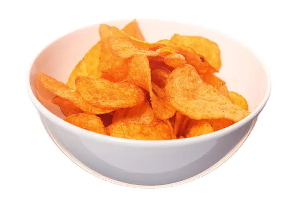 Potato chips in bowl. Isolated on white — Stock Photo, Image