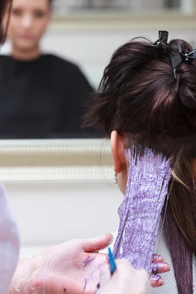 Fryzjer stosowania kolorów kobiece klienta w salonie, robi farbowania włosów — Zdjęcie stockowe
