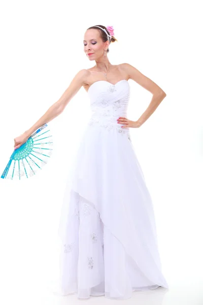 Wedding day. Romantic bride in white dress fan isolated — Stock Photo, Image