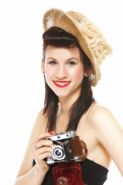 Pretty retro girl with vintage camera — Stock Photo, Image