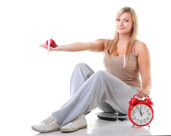 Time for diet slimming. Large girl with scale. — Stock Photo, Image