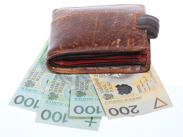 Ekonomi ve finans. Cila banknotlu cüzdan izole edilmiş. — Stok fotoğraf