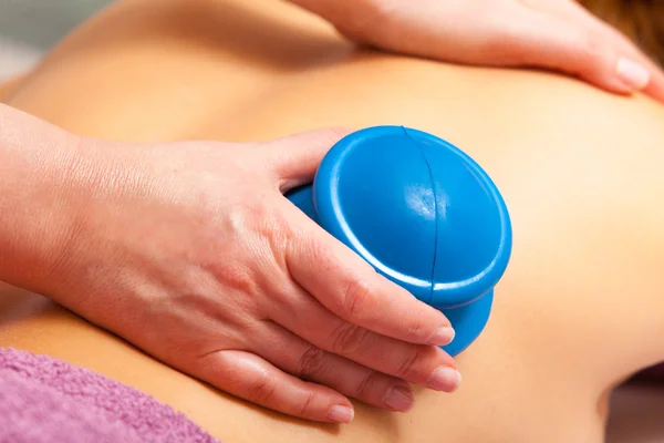 Beauty salon. Woman getting spa cupping glass vacuum massage — Stock Photo, Image