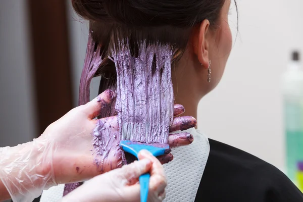 Coiffeur appliquant la couleur client féminin au salon, faire de la teinture capillaire — Photo