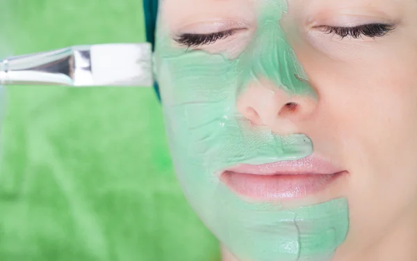 Salón de belleza. Cosmético aplicando mascarilla facial a cara de mujer . —  Fotos de Stock