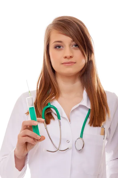 Médico o enfermero sostiene una jeringa, concepto de atención médica —  Fotos de Stock