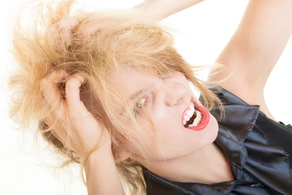 Angry messy business woman screaming with mouth wide open. Trouble in work. — Stock Photo, Image