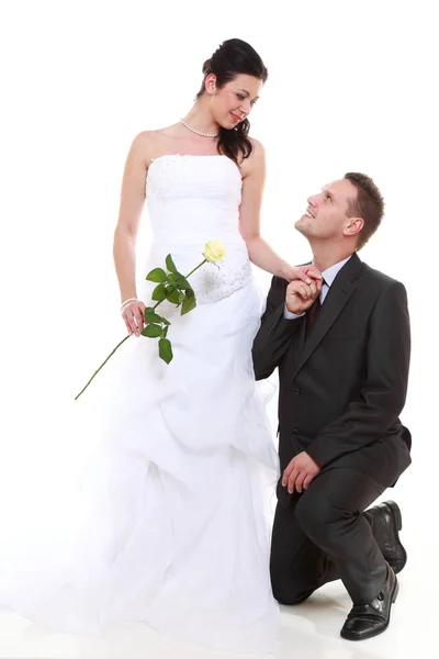 Retrato de los novios felices sobre fondo blanco — Foto de Stock