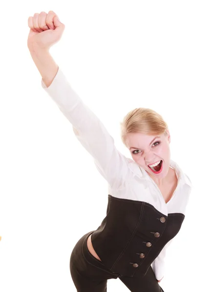 Happy cheerful business woman hand gesture success sign — Stock Photo, Image