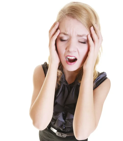 Överarbetad affärskvinna med huvudvärk smärta i huvudet. stress i arbetet. Royaltyfria Stockbilder