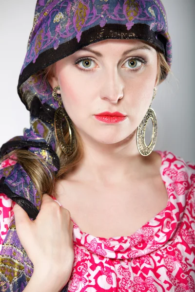 Portrait beautiful girl woman in a headscarf — Stock Photo, Image