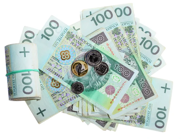 Soldi e risparmi. Pila di banconote zloty lucide da 100 — Foto Stock