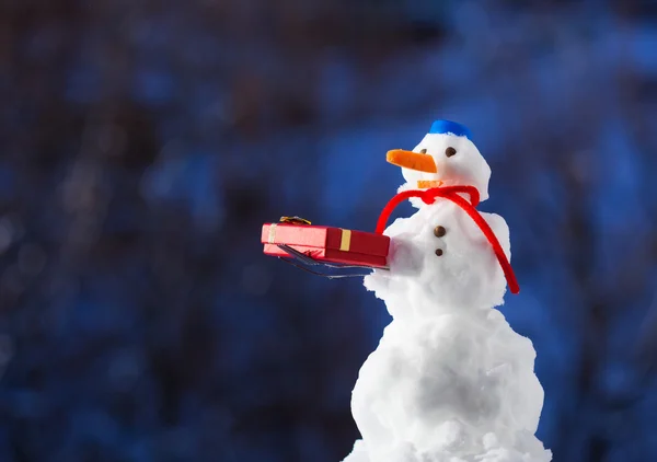 Pequeno boneco de neve feliz com caixa de presente de Natal ao ar livre. Temporada de Inverno . — Fotografia de Stock