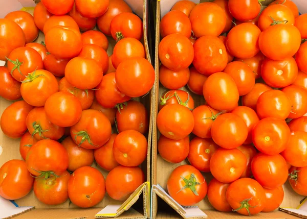 Punaiset tomaatit supermarketissa ruokataustana. Vähittäiskauppa . — kuvapankkivalokuva