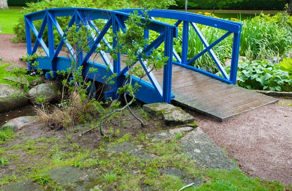 Piccolo ponte blu sul torrente fiume torrente in giardino. Natura . — Foto Stock