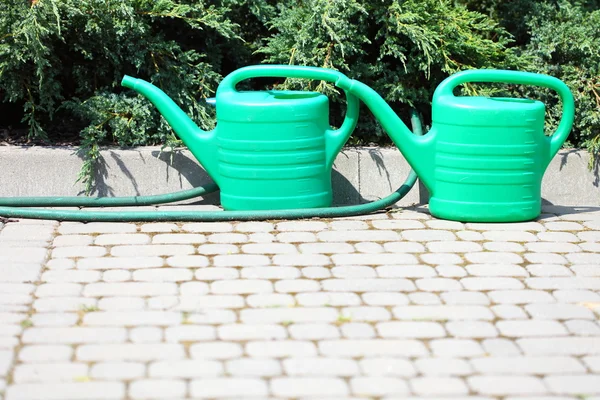 Drenken groen kunt en slang in tuin — Stockfoto