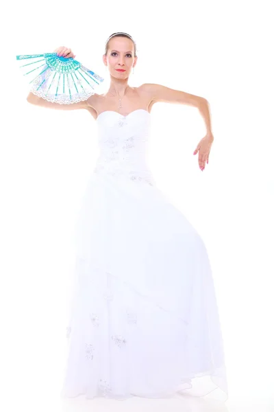 Wedding day. Romantic bride in white dress fan isolated — Stock Photo, Image