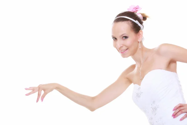 Woman in wedding dress choosing picking up — Stock Photo, Image