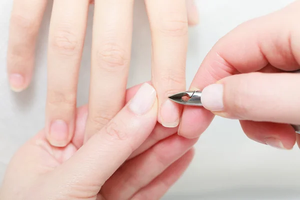 Beautician recortar cutículas de cliente femenino en salón de belleza — Foto de Stock