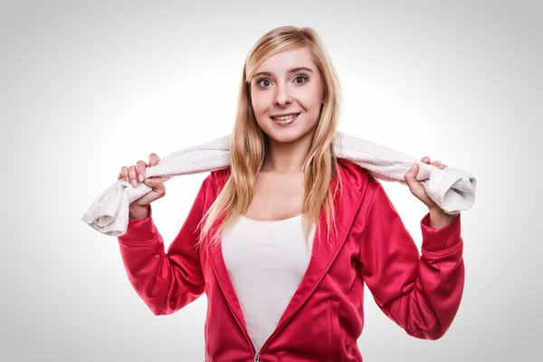 Sport woman white towel on shoulders — Stock Photo, Image