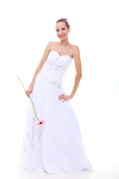 Trouwdag. romantische bruid met roze bloem geïsoleerd — Stockfoto