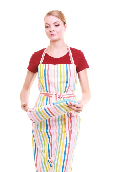 Young housewife with oven cooking mitten kitchen apron isolated — Stock Photo, Image