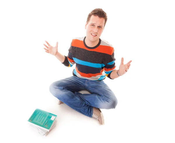 Estudiante universitario cansado con pila de libros que estudian para exámenes aislados —  Fotos de Stock