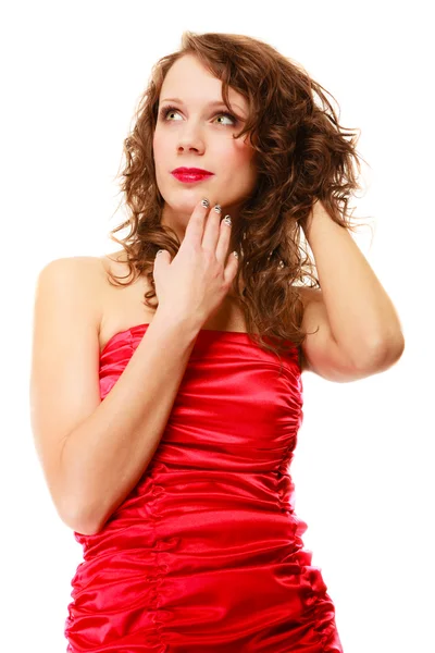 Pretty thoughtful woman curly hair — Stock Photo, Image
