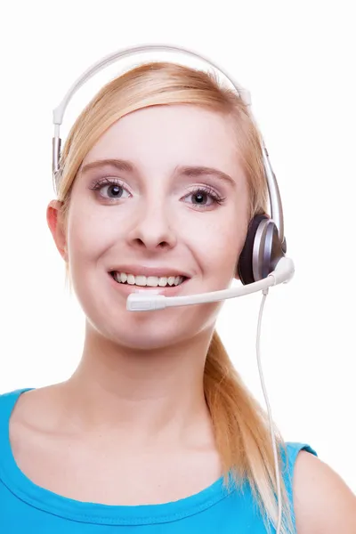 Girl with headphones and microphone headset on white — Stock Photo, Image