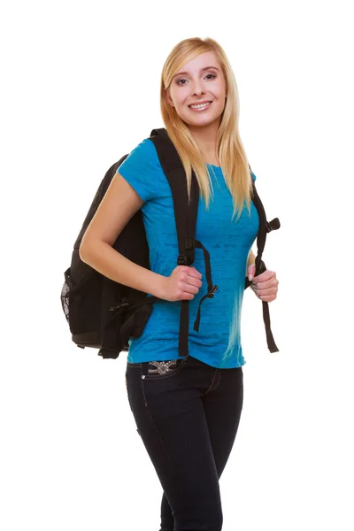 Portrait casual blond smiling girl female student with bag backpack isolated — Stock Photo, Image