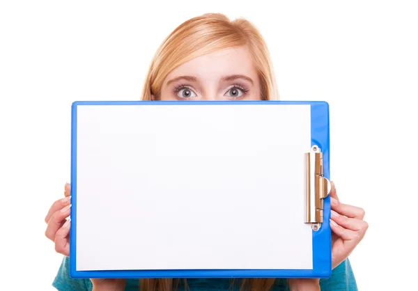 Woman college student girl holds clipboard with blank Royalty Free Stock Images