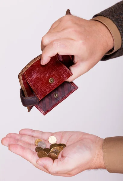 Broke businessman with empty wallet and polish coins — Stock Photo, Image