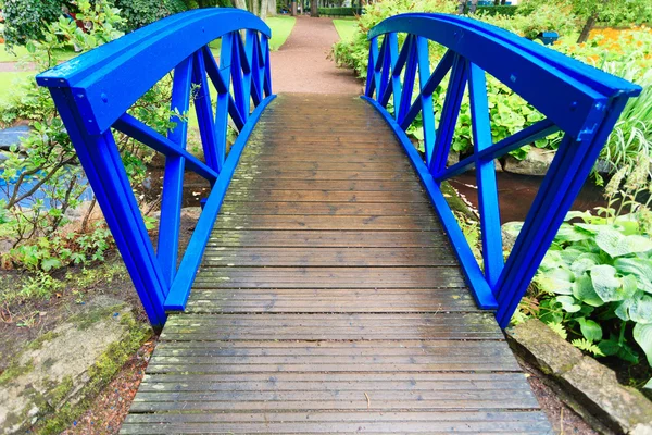 Modré malý most přes řeku proudu potoka v zahradě. Příroda. — Stock fotografie