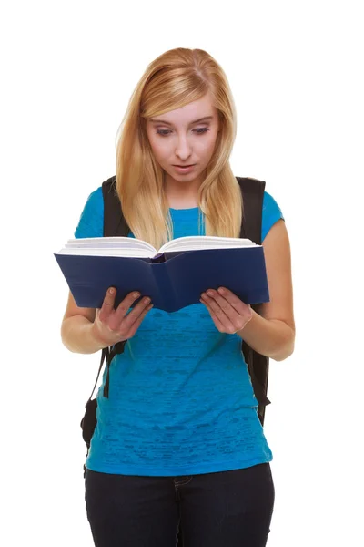 Casual girl female student with bag backpack reading book learn isolated — Stock Photo, Image