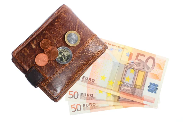 Economie en financiën. Portemonnee met geïsoleerd eurobankbiljetten — Stockfoto